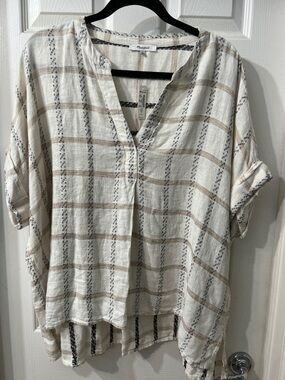 Madewell Neutral Plaid Linen Blend Blouse NWT Relaxed Boho Top Size XL
